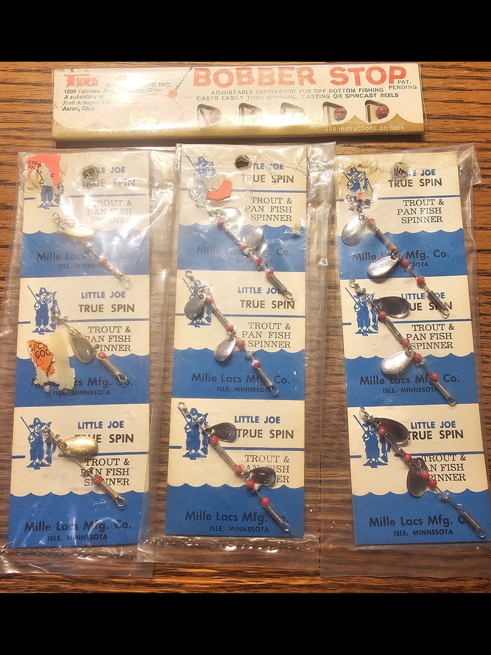 (3) Vintage Little Joe Spinners And Bobber Stop In Original Packages.